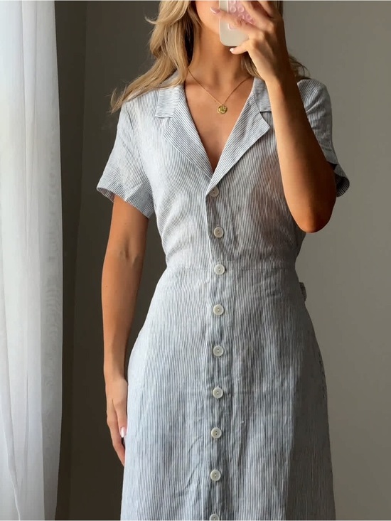Quince Dresses & Skirts - Quince - 100% European Linen Button Front Dress in Blue Pinstripe
